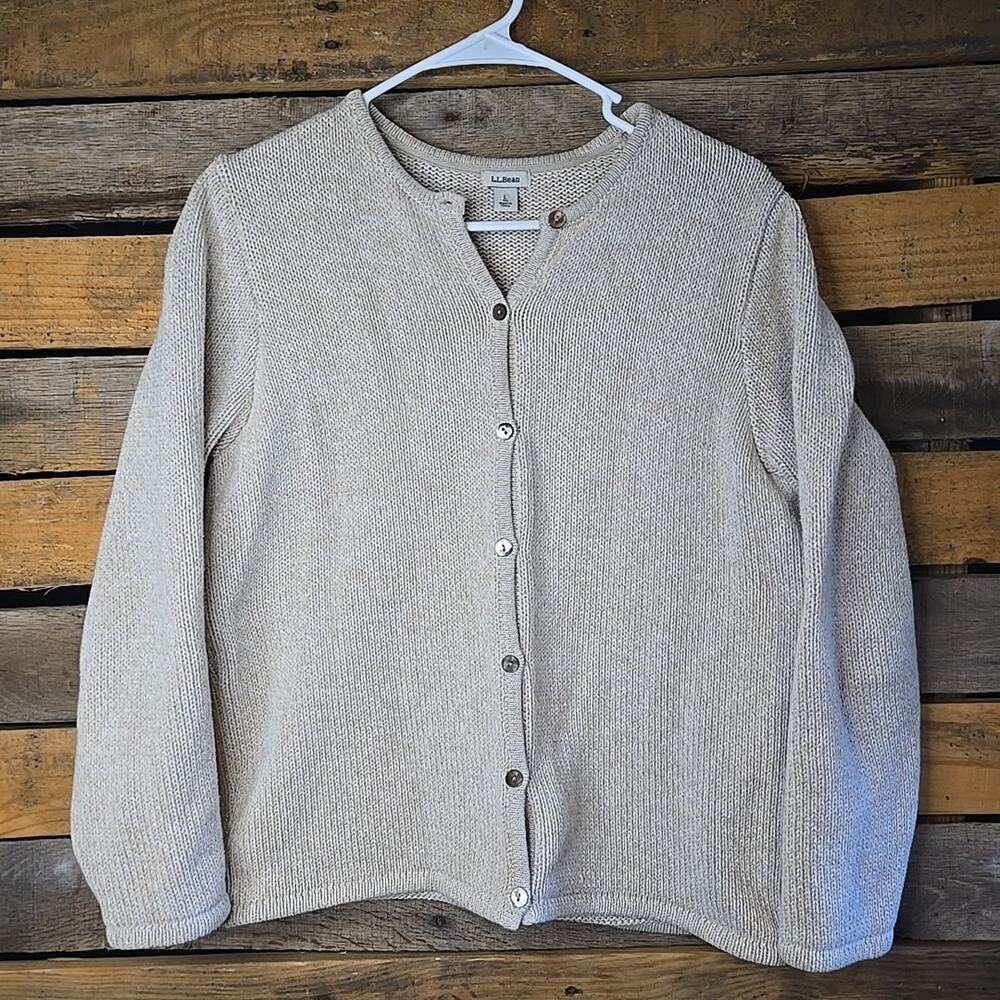 L.L. Bean Women’s Cotton Knit Cardigan Sweater Large Oatmeal Beige Button Front - Picture 1 of 9